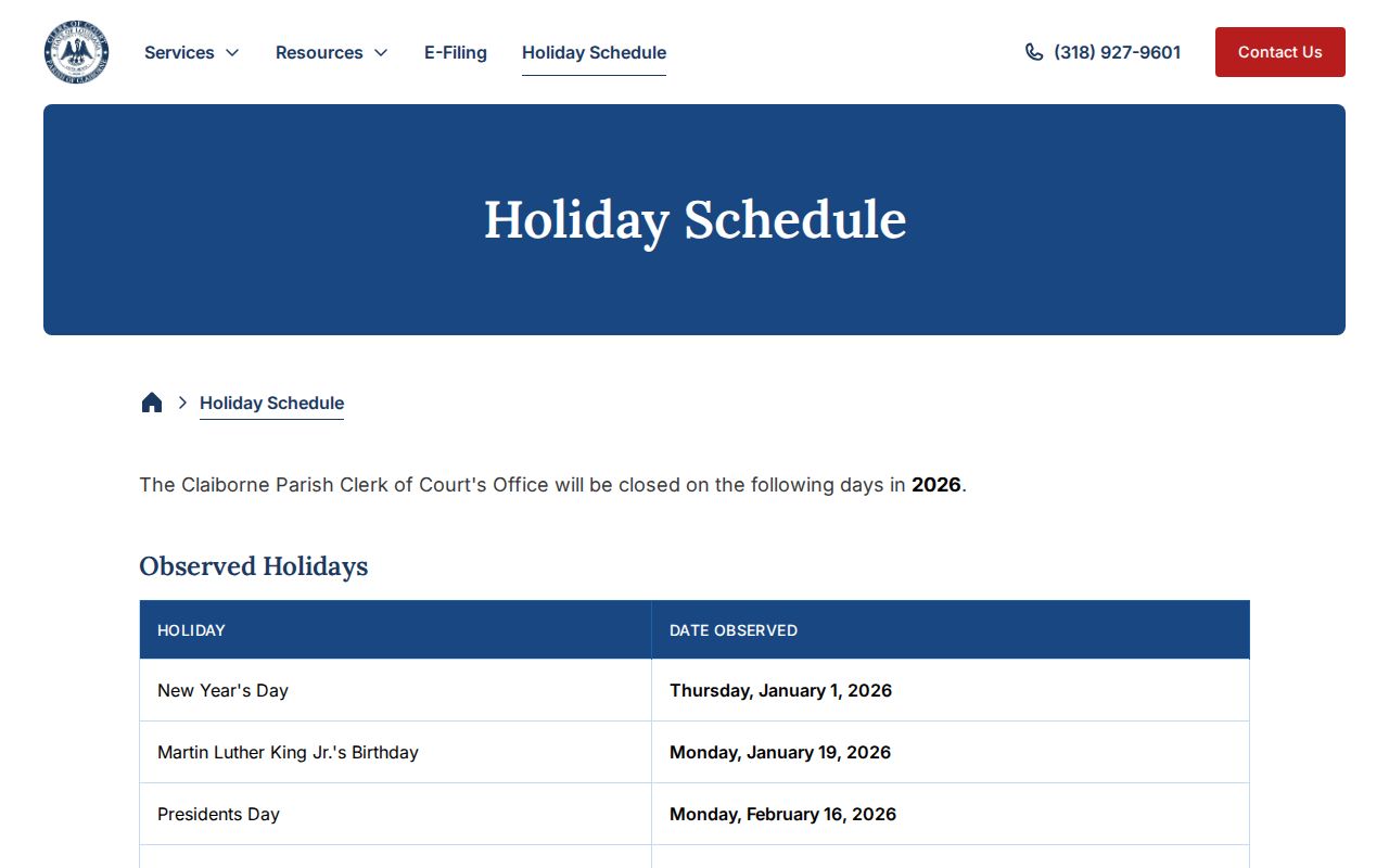 Claiborne Parish court calendar clerk holiday schedule