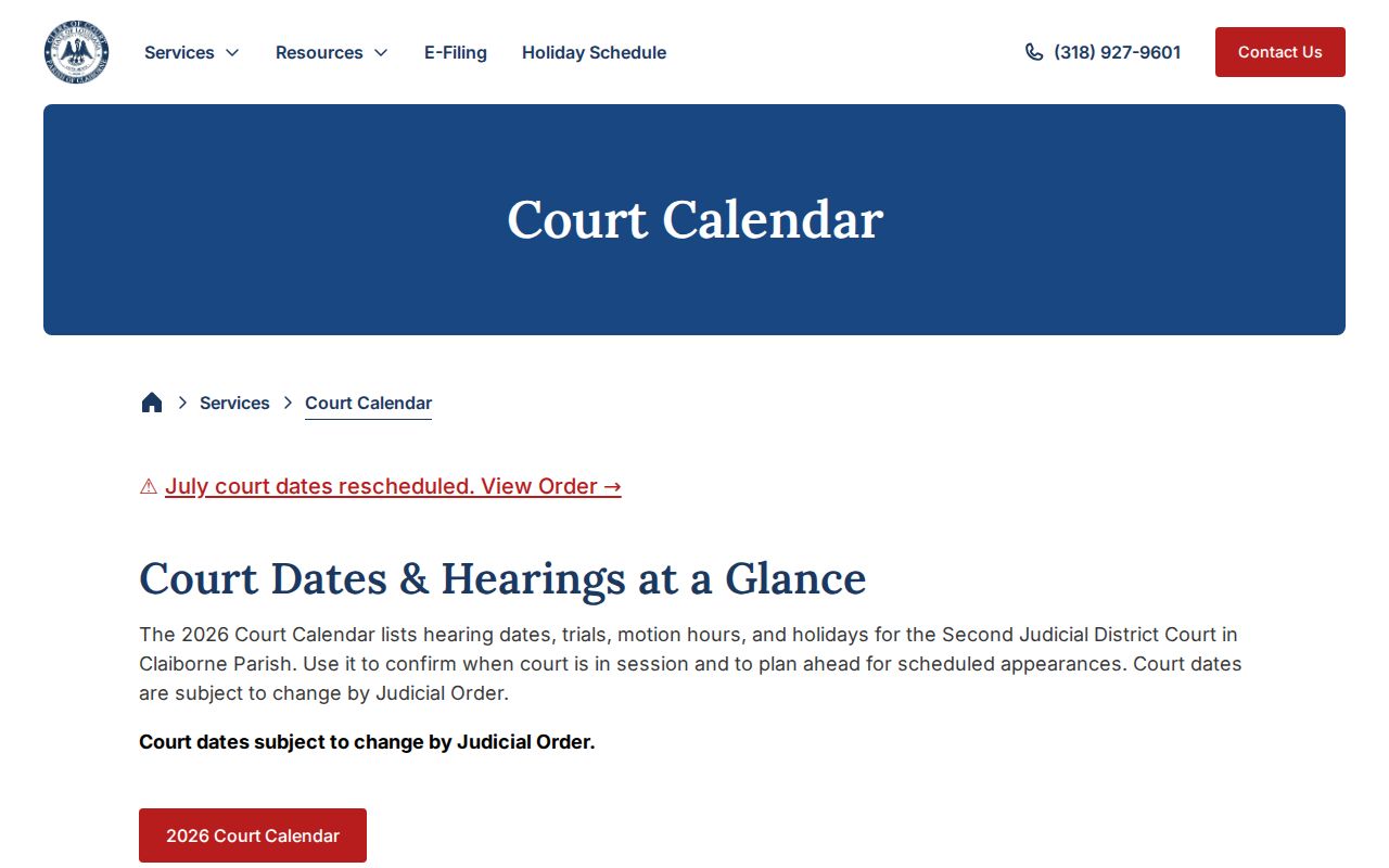 Claiborne Parish court calendar official records page