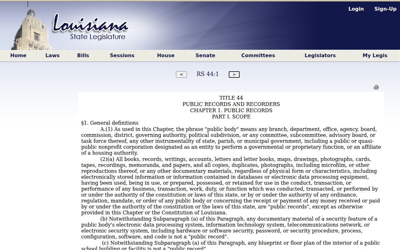 Louisiana public records statute relevant to Claiborne Parish court records