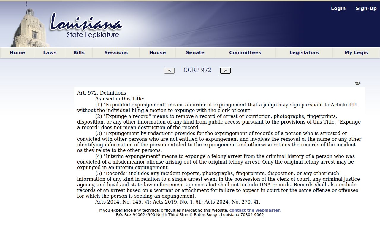 Claiborne Parish criminal docket sealing and expungement records
