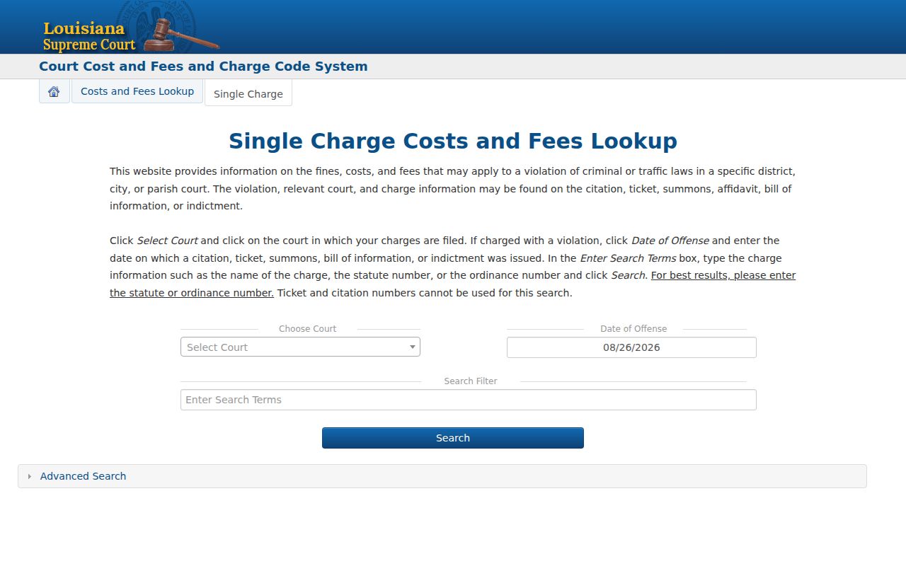 Claiborne Parish criminal docket charge code search
