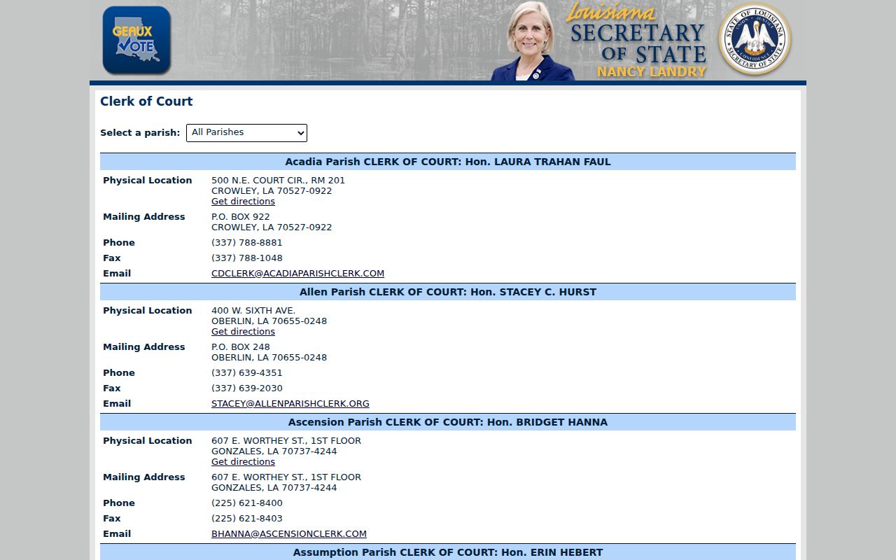 Haynesville court docket Louisiana Secretary of State clerk directory