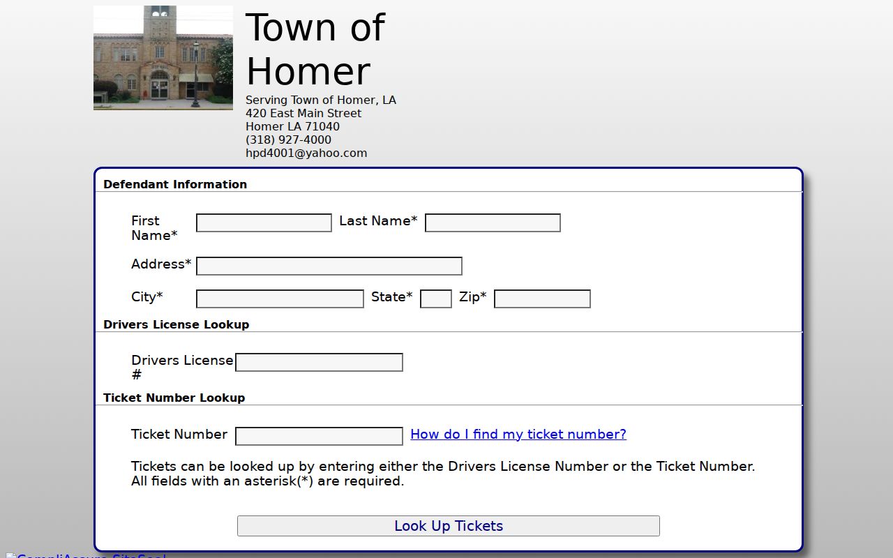 Homer Quick-Court ticket lookup page